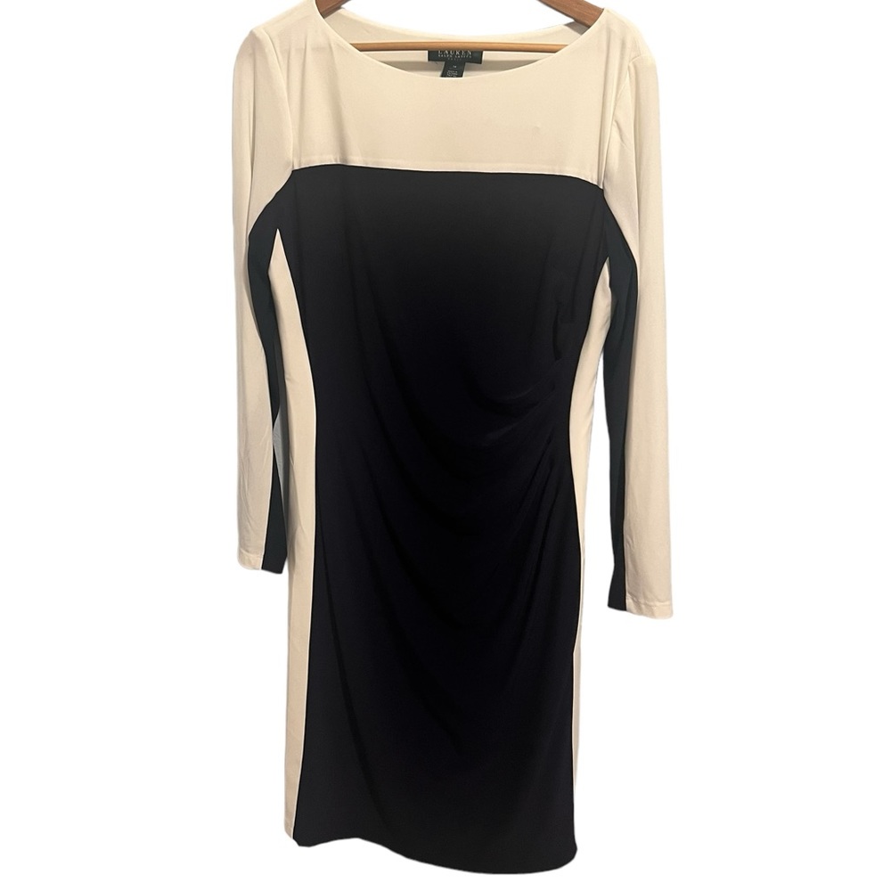 Ralph Lauren Navy Blue White Stretch Rouched Dress Size 14 colorblock